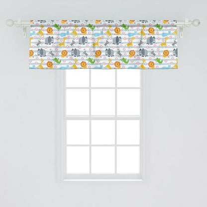 Ambesonne Savannah Window Valance Pack of 2, Friendly Zoo Animals with Happy Faces Cartoon Characters on Stripes Print, Rod Pocket Curtain Valances for Kitchen Bedroom, 42" X 18", Pale Azure Blue