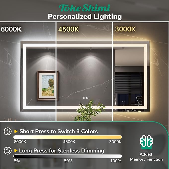 TokeShimi 24x36 LED Bathroom Mirror with Lights,Backlit + Front lit,3-Color LED Bathroom Vanity Mirror,Anti-Fog Mirrors with Tempered Glass,Shatterproof,Memory Function,UL Listed,Waterproof