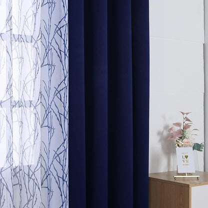 BONZER Mix and Match Curtains - 2 Pieces Branch Print Sheer Curtains and 2 Pieces Blackout Curtains for Bedroom Living Room Grommet Window Drapes, 37x95 Inch/Panel, Indigo, Set of 4 Panels