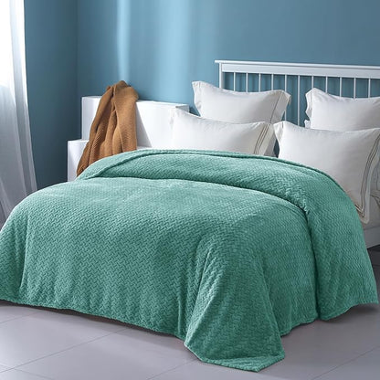 Exclusivo Mezcla Fleece Queen Size Blanket for Bed, 90x90 Inches Soft Cozy Jacquard Flannel Blankets, Lightweight Fuzzy Plush Warm for Winter, Celadon