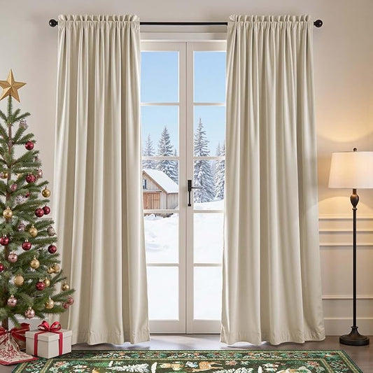 Lazzzy Velvet Blackout Curtains Thermal Insulated Room Window Drapes Super Soft Luxury Curtains for Living Room Bedroom Rod Pocket 2 Panels, Beige, 62" W x 96" L