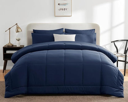 CozyLux Full Size Comforter Sets Navy Blue, 7 Pieces Bed in a Bag, Navy Comforter Full Size, All Season Bedding Sets with Stitch Quilted Comforter, Flat Sheet, Fitted Sheet, Pillowcases