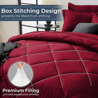HEVUMYI Red Cali-King Comforter Set - 7-Piece All Season Bed in a Bag Cali-King, Ultra Soft Bedding Set with Comforter, Flat Sheet, Fitted Sheet, Pillowcases, Pillow Shams