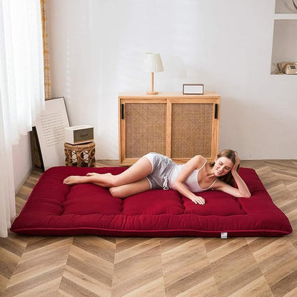MAXYOYO Japanese Floor Mattress Futon Mattress, Thicken Sleeping Pad Foldable Roll Up Floor Futon for Adults Tatami Mat Dormitory Bed Lounger, Burgundy, Twin