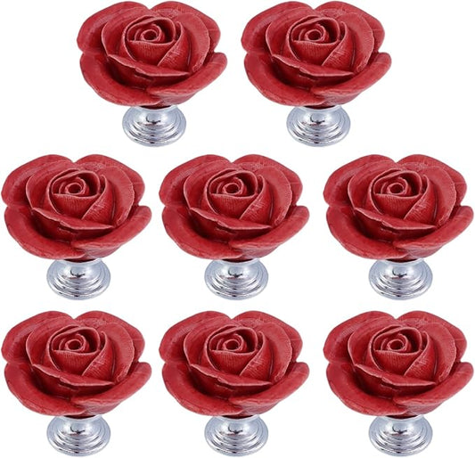 8PCS 1.57" × 1.38" Ceramics Begonia Red Rose with Base Knobs Flower Shaped Pulls for Cupboard Drawer, with 2 Kinds of Screws