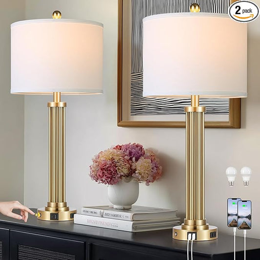 28" Tall Modern Table Lamps Set of 2 with USB C+A Ports and AC Outlet, 3 Way Touch Metal Bedside Lamps for Living Room, Gold Nightstand Lamps for Bedroom