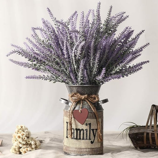 Artificial Lavender Flowers with Vase,Fake Lavender Plant Artificial in Metal Vase for Kitchen Counter Rustic Farmhouse Decor (Family,Purple)