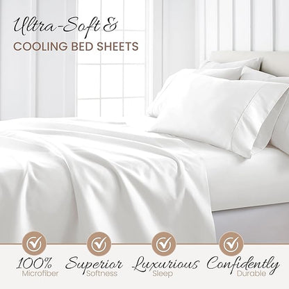 Linen Market Brushed Microfiber Full Sheet Set 4 Piece – Oeko-TEX Certified Ultra Soft & Wrinkle-Free - 16" Deep Pocket Sheets - Easy Care Full Size - White