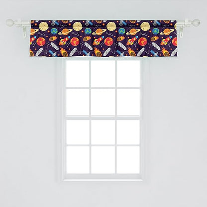 Ambesonne Space Window Valance Pack of 2, Universe Themed Illustration with Earth Moon Constellations Saturn Rockets Stars, Rod Pocket Curtain Valances for Kitchen Bedroom, 42" X 12", Dark Night Blue