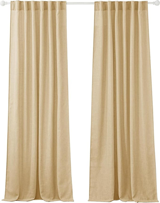 Semi Sheer Curtains for Bedroom - Linen Texture Sheer Privacy for Home Theater Backdrop Diffuse Sunlight Exposure for Sunroom Balcony Terrace, Beige, Wide 52 x Long 90, Set of 2