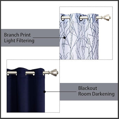 BONZER Mix and Match Curtains - 2 Pieces Branch Print Sheer Curtains and 2 Pieces Blackout Curtains for Bedroom Living Room Grommet Window Drapes, 54x84 Inch/Panel, Indigo, Set of 4 Panels
