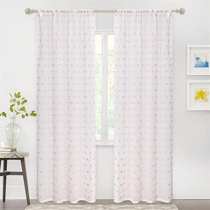 MYSKY HOME Pink Curtains for Living Room 84 Inch Long Pom Pom Bedroom White Sheer Curtains for Nursery Girls Light Filtering Rod Pocket Bohemian Voile Window Drapes 38 x 84 in 2 Panels