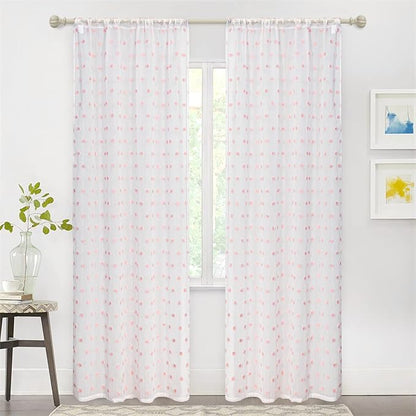 MYSKY HOME Pom Pom Sheer Curtains for Girls' Bedroom & Nursery - Pink, 72 Inch Long, 2 Panels, Light Filtering, Rod Pocket, Semi Window Drapes, 38 x 72 inch