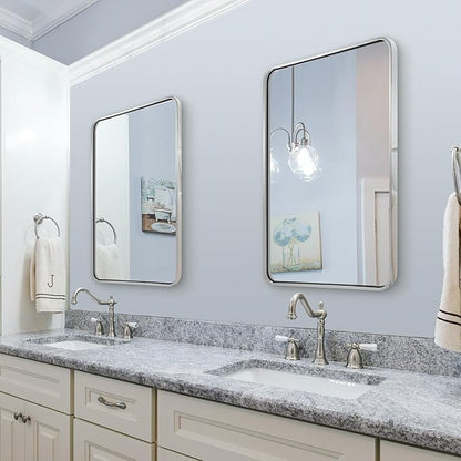 ANDY STAR 24x32 INCH Chrome Mirrors for Bathroom, Polished Nickel Bathroom Mirror, Rounded Rectangle Mirror, Anti-Rust SUS304, Tube Metal Frame, 1’’ Deep Wall Mounted Vertically/Horizontal