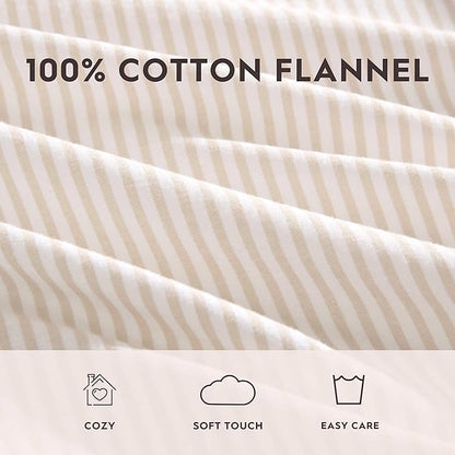 Laura Ashley - Flannel Sheets Queen Size, Anti-Pilling & Wrinkle Resistant Cotton, Soft for All-Season Comfort - Bed Sheets with Matching Pillowcases & Fitted Sheet (Oxfordshire Stripe Beige)