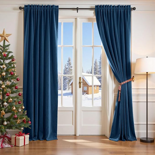 Lazzzy Velvet Blackout Curtains Thermal Insulated Room Window Drapes Super Soft Luxury Curtains for Living Room Bedroom Rod Pocket 2 Panels, Dark Blue, 52" W x 90" L