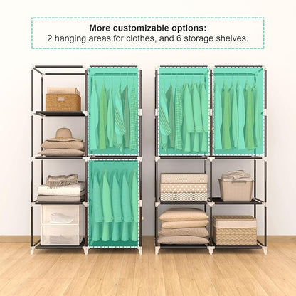 35 Inch Portable Closet for Small Room, Clothing Organizer Storage Rack with Non-Woven Fabric Cover, 1 Clothes Hanging Rod, 6 Storage Shelves, Black