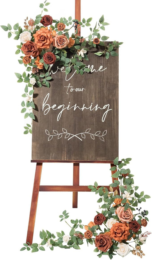 Ling's Moment 2pcs Wedding Flowers Garland Artificial Floral Swag Arch Decorations Rose Greenery Arrangements Sunset Terracotta Ceremony Reception Garden Easel Wall Entryway Outdoor (NOT Include Sign)