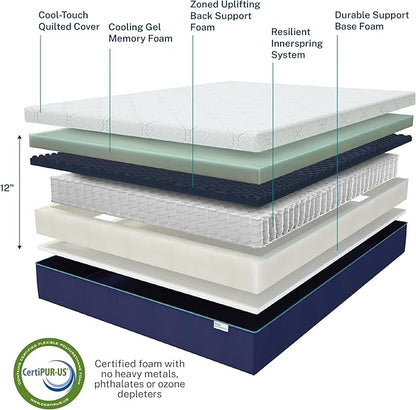 Sleep Innovations Shiloh Hybrid 12 Inch Cooling Gel Memory Foam and Innerspring Coil Mattress, Cal King Size, Bed in a Box, Cradling Medium Support