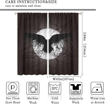 Cool Raven Print Curtains - Vintage Nordic Viking Theme Dead Tree Crow Full Moon Thermal Insulated Blackout Curtains - Rod Pocket Window Treatment Drapes for Bedroom 2 Panels 84L x 42W
