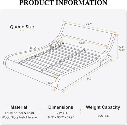 SHA CERLIN Modern Low Profile Platform Bed Frame Queen Size, Stylish Faux Leather Upholstered Sleigh Bed with Adjustable Headboard, No Box Spring Needed, White