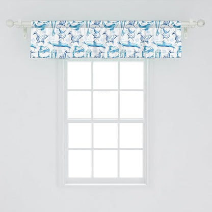Ambesonne Sea Animals Window Valance, Sketch of Bottlenose Dolphins Playing Laughing in The Ocean Sea Life Print, Curtain Valance for Kitchen Bedroom Decor with Rod Pocket, 54" X 12", Turquoise White