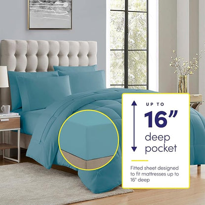 King Size Comforter Set with Sheets - 7-Piece Bedding Collection - 1 Comforter, 1 Fitted Sheet, 1 Flat, 4 Pillowcases - Deep Pocket - Soft & Premium Quality - Ideal for All Seasons, Misty Blue