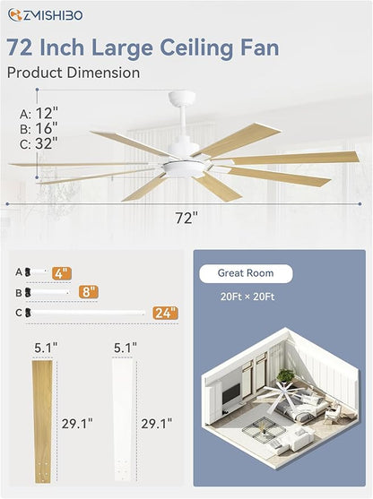 ZMISHIBO 72 inch White Ceiling Fans with Lights and Remote, Indoor/Outdoor Ceiling Fan for Patio Living Room, 6 Speed Reversible Quiet DC Motor, 3 CCT, Dual Finish Blades