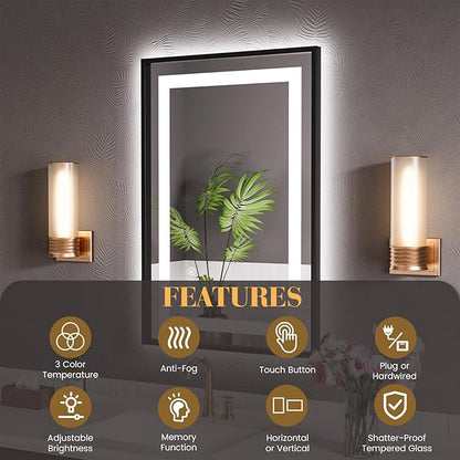 LED Bathroom Mirror,24"x32" Black Frame Led Mirror, Front Light and Backlit, Stepless Dimmable, Anti-Fog, Shatter-Proof, Memory, 3 Colors, Double LED Vanity Mirror