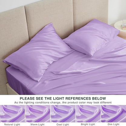 Love's cabin Full Size Satin Sheet Sets - 4 Piece Lavender Silky Sheet Set with Deep Pocket, Luxury Silk Feel Satin Sheets Full Bedding Set (1 Flat Sheet,1 Fitted Sheet,2 Pillow Cases)