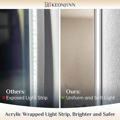 Keonjinn Backlit Mirror Bathroom 20” x 28”, Anti-Fog Mirror with Lights, CRI90+ HD Tempered Glass, Waterproof, UL Listed, Stepless Dimmable LED Mirrors for Bathroom, High Lumen, Waterproof