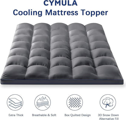 CYMULA Queen Mattress Topper, Grey Mattress Pad Bed Topper Cover, Extra Thick Pillow Top Mattress Topper with Deep Pockets, Cooling Plush Down Alternative Fill Mattress Protector