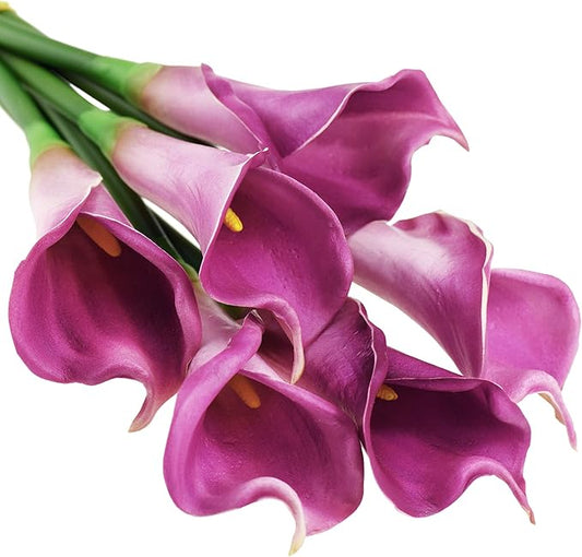 FiveSeasonStuff Real Touch Calla Lily Artificial Flowers, Wedding Bridal Floral Arrangements (25'' 6 Long Stems, Autumn Purple)