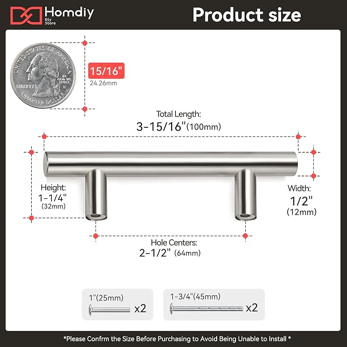 homdiy 20 Pack Drawer Pulls Brushed Nickel Cabinet Pulls 201SN Cabinet Hardware Modern Kitchen Cabinet Handles 2-1/2 Hole Centers Cupboard Handles