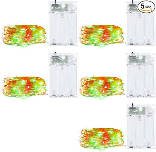 5 Pack Fairy Lights Battery Operated, 7 Feet 20 Led String Lights with Timer, Waterproof Firefly Lights on Silver Wire for Home Party Wedding Christmas Decorations, 6 Hours on/18 Hours Off, Red Green