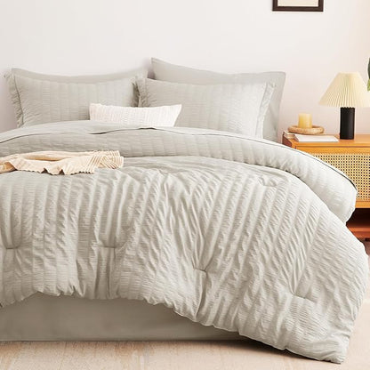 CozyLux Queen Comforter Set Beige Seersucker 7 Pieces Bed in a Bag Queen Comforter Set with Sheets, Luxury Soft Bedding Set with Down Alternative Comforter, Sheets, Pillowcases & Shams for All Seasons