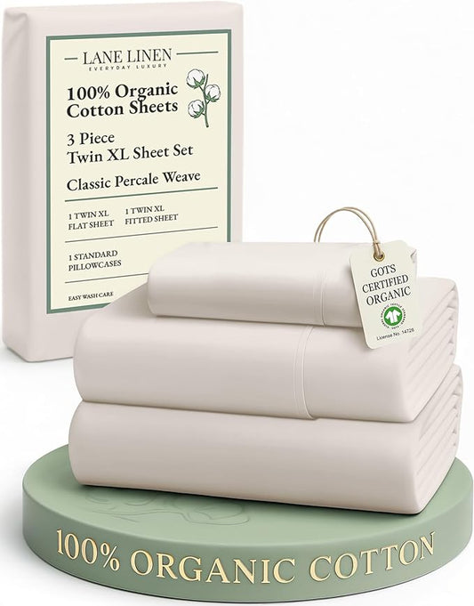LANE LINEN 100% Organic Cotton Twin XL Sheets Set 3-Piece Pure Percale Soft Bedding Breathable Fits Mattress Upto 15" Deep - Glacier Grey