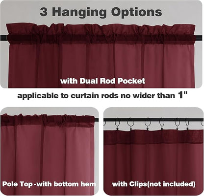 Chyhomenyc Burgundy Sheer Curtains 63 Inches Long 2 Panels Set, Light Filtering Voile Window Drapes for Bedroom Living Room, 42Wx63L Inch, Burgundy, 2PCS