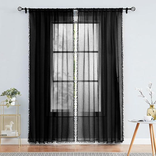 Treatmentex Black Sheer Curtains for Living Room 95" Linen Texture Chic Curtain Panels Pom Pom Trimmed Voile Drapes for Bedroom Office Children's Room 2pcs