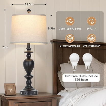 28" Black Farmhouse Table Lamps Set of 2 with USB C+A Ports & AC Outlet for Vintage Living Room Rustic Bedroom,3-Way Dimmable Touch Lamp Retro Resin Bedside Lamps for Nightstand Side Table