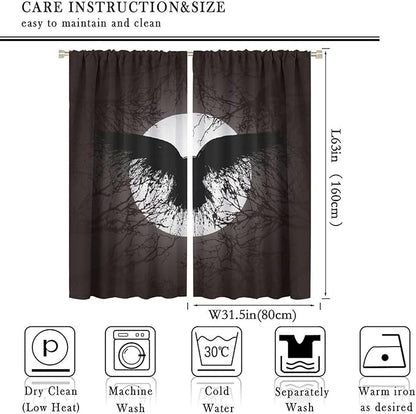 Cool Raven Print Curtains - Vintage Nordic Viking Theme Dead Tree Crow Full Moon Thermal Insulated Blackout Curtains - Rod Pocket Window Treatment Drapes for Bedroom 2 Panels 63L x 31.5W