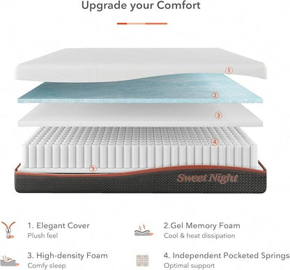 Mattress Queen, Sweetnight 8” Hybrid Mattress with Gel Memory Foam & Pocket Innerspring , Bed Mattress with Moisture Wicking Adaptive Cover, Medium Firm, Queen Size