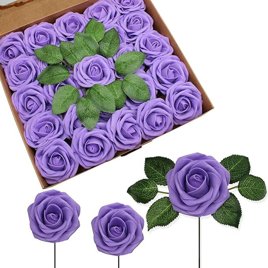 JOYLEX Purple Artificial Flowers Realistic Roses, 100pcs Real Looking Fake Roses with Stem for DIY Wedding Bouquets Centerpieces Bridal Shower Party Home Romantic Decorations (Purple)
