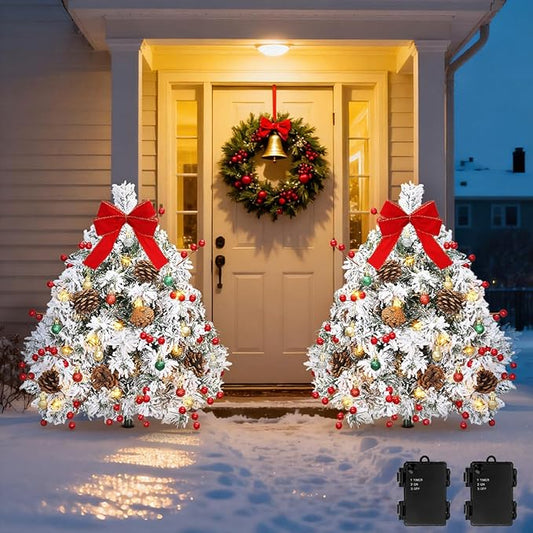 Lewondr Set of 2 Prelit Pathway Christmas Trees, 27.56" Outdoor Christmas Tree with 50 LED Lights, Pine Cones Red Berries, Battery Operated Outdoor Xmas Decor for Yard Home Porch, White Snowflake