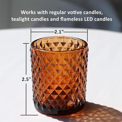Woho 12pcs Amber Votive Candle Holders Vintage, Glass Tealight Candle Holder for Boho Wedding Table Centerpiece, Brown Tea Lights Candle Holder for Halloween Thanksgiving Decor