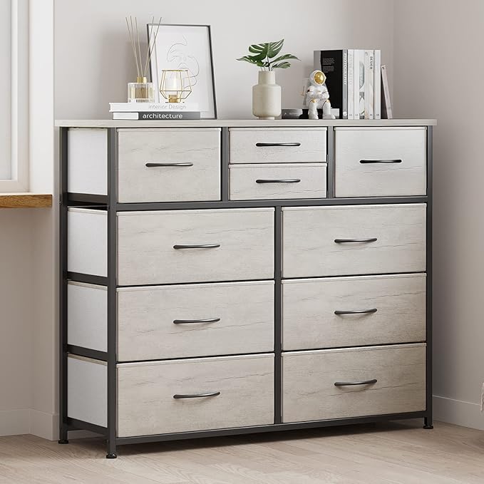 LUMTOK 10-Drawer Dresser, Fabric Storage Dresser Drawers for Bedroom, Hallway, Nursery, Closets, Steel Frame, Wood Top, Easy Pull Handle (Greige)