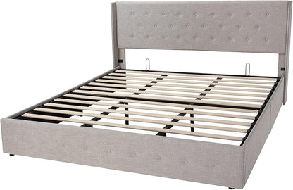 Allewie King Size Lift Up Storage Bed, Button Tufted Headboard with Wingback, Hydraulic Support, No Box Spring Needed, Light Beige