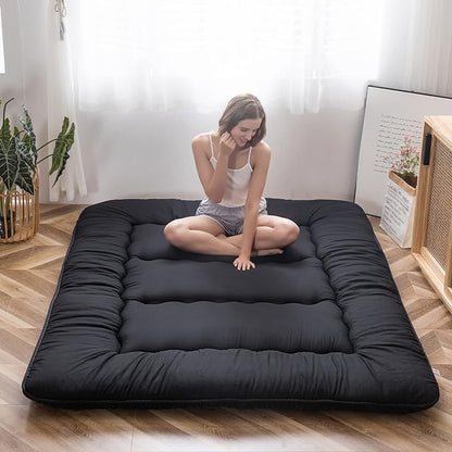 MAXYOYO Japanese Floor Mattress Futon Mattress, 4" Thicken Tatami Mat Sleeping Pad Foldable Roll Up Mat Boys Girls Dormitory Pad Kids Floor Lounger Pillow Bed, Black, Queen