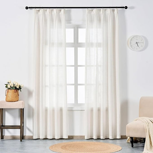 Neutral Linen Semi Sheer Curtains 84 Inches Long, Cream Textured Light Filtering Drapes for Living Room, Modern Farmhouse Window Decor, Privacy Pinch Pleat Curtain with Hooks