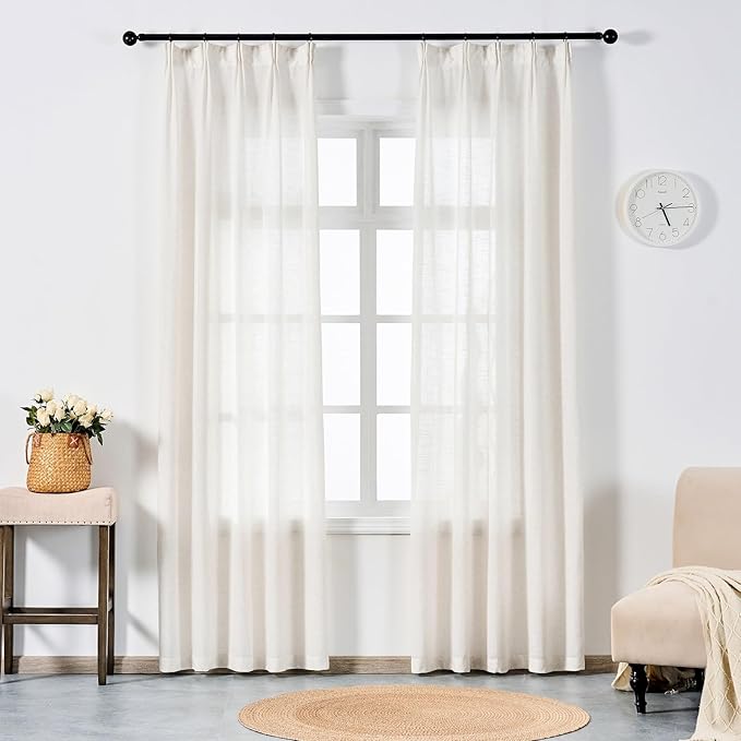 Neutral Linen Semi Sheer Curtains 90 Inches Long, Cream Textured Light Filtering Drapes for Living Room, Modern Farmhouse Window Decor, Privacy Pinch Pleat Curtain with Hooks